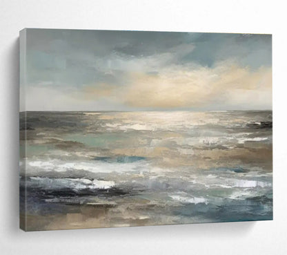 Hand Paintings: Blue Grey and Beige Coastal Sunset Abstract Painting WB350