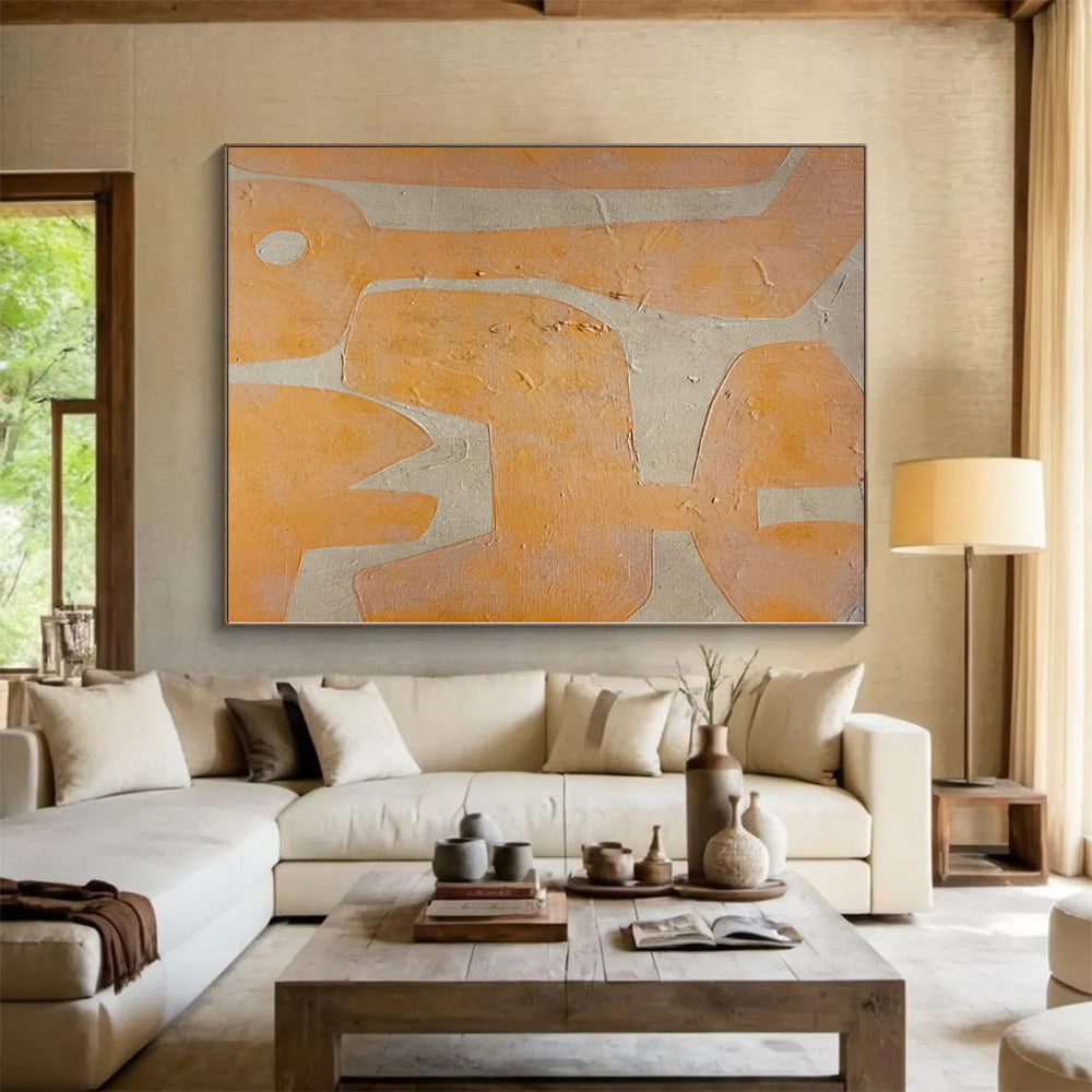 Hand-Painted Orange and Beige Abstract Shaped Painting For Sale HS021
