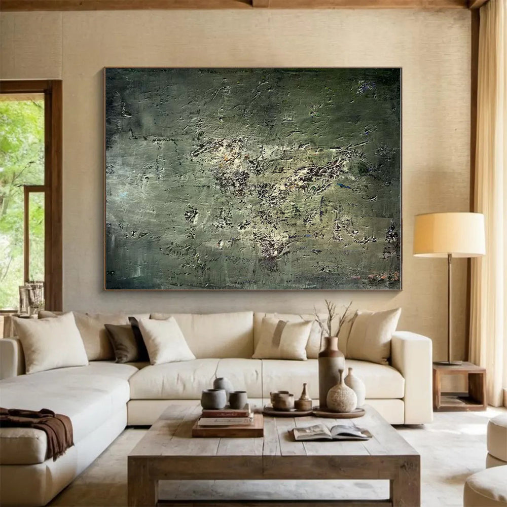 Handmade Art Unique Abstract Art with Green, Gray, White Textured Details - Acrylic Modern Art Painting HS534