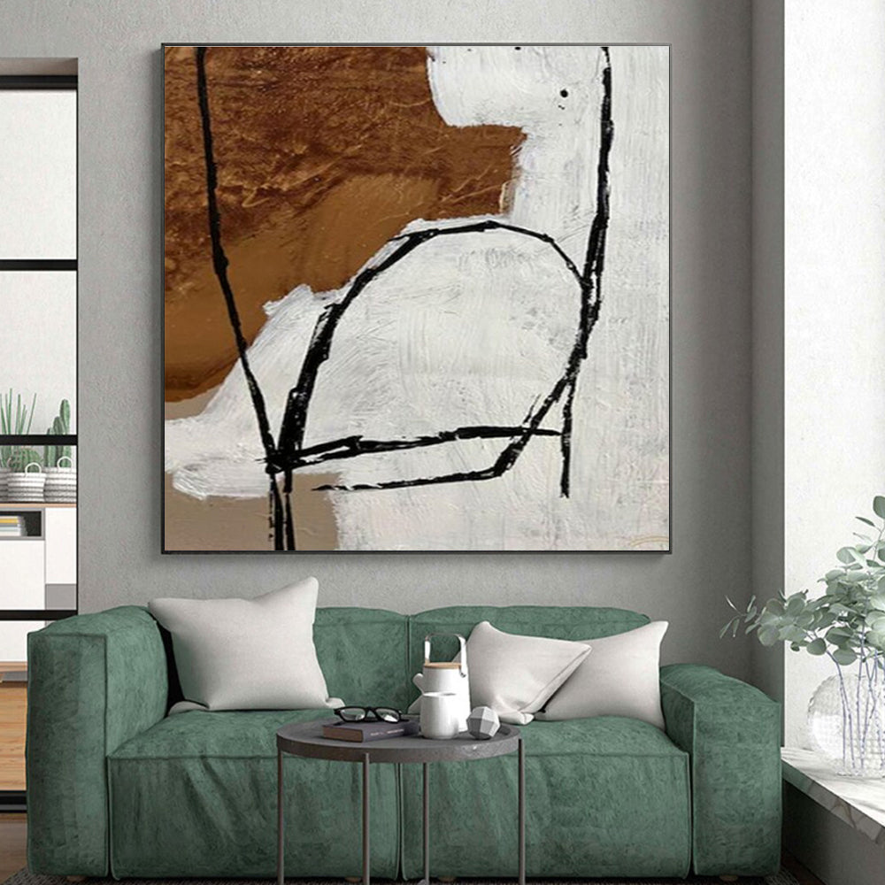 Modern Art Acrylic Black, White, and Brown Linear Abstract Art HS687