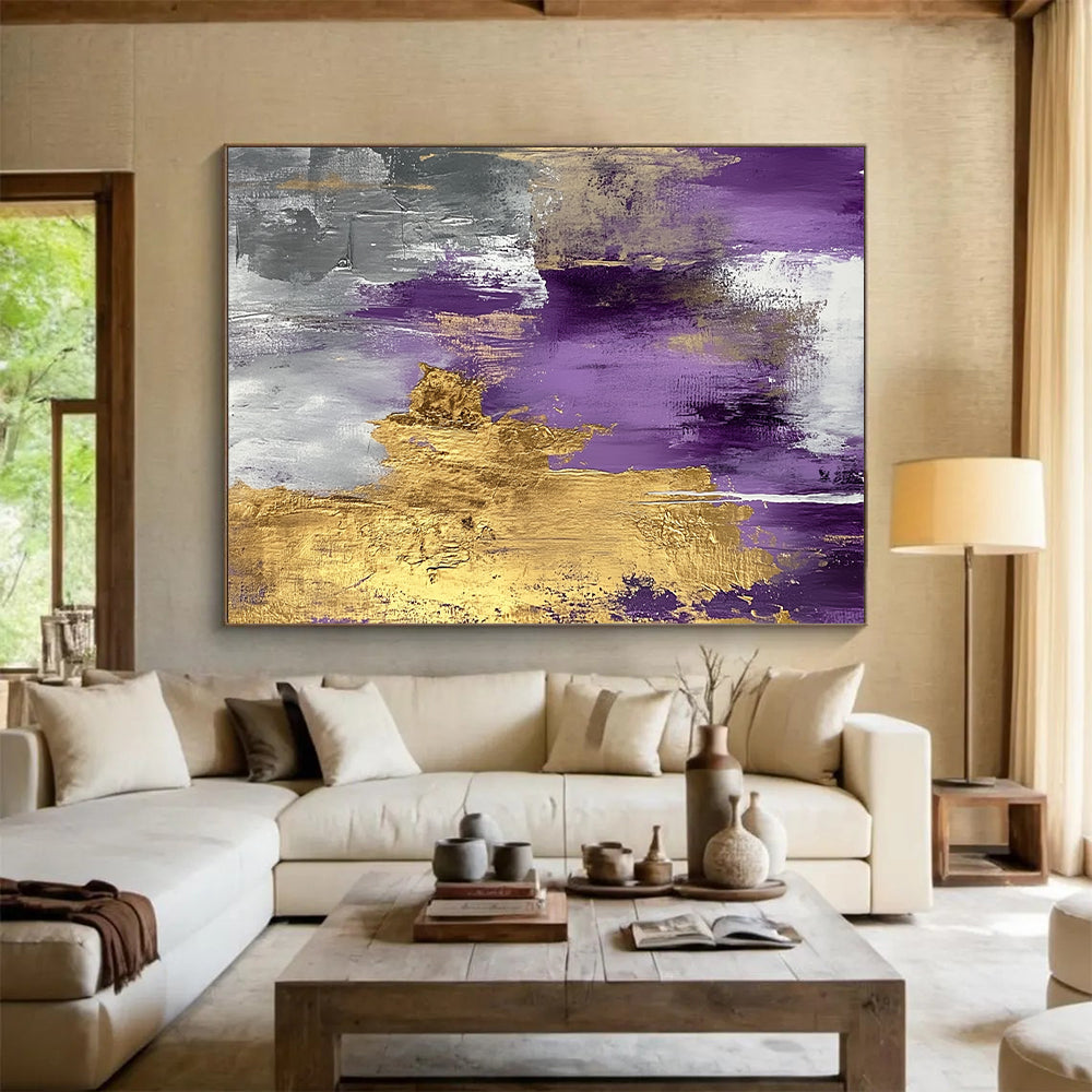 Unique Abstract Art Purple and Gold Abstract Textured Painting For Sale HS112