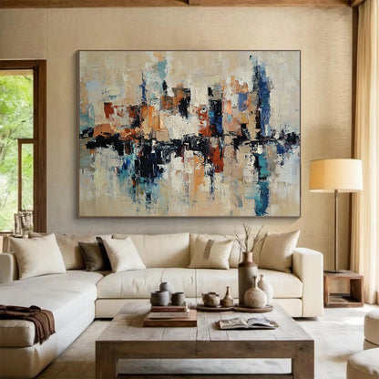 Modern Art Abstract Paintings with Beige, Blue, Brown, White and Black Colors, Urban Reflection Theme WB310