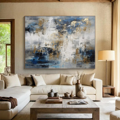 Cool Abstract Paintings Blue, Gray, and Gold Textured Abstract Art HS746