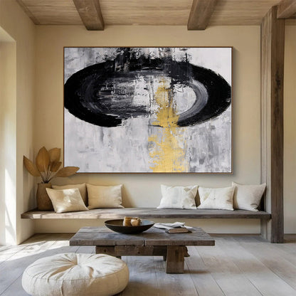 Black, White, Gold Abstract Circular Acrylic Painting WB013