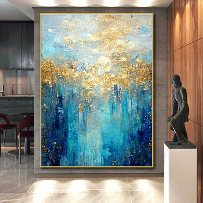 Hand Painted Art Teal, Gold, and Blue Abstract Landscape HS658
