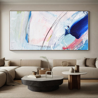 Hand Painted Art Blue, Pink & White Gestural Abstract, Large Painting In Living Room HS236