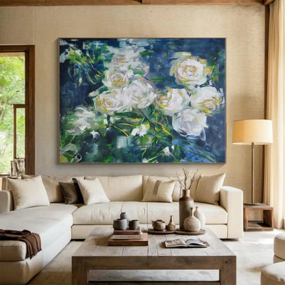 Hand Painted Art White Floral on Blue Abstract Painting HS608