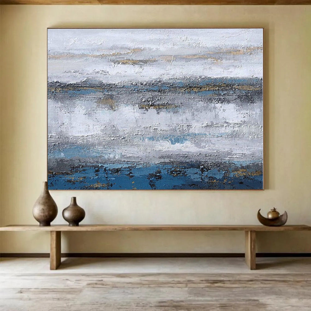Extra Large Size Blue, Gray and Gold Abstract Textured Landscape Painting WB124