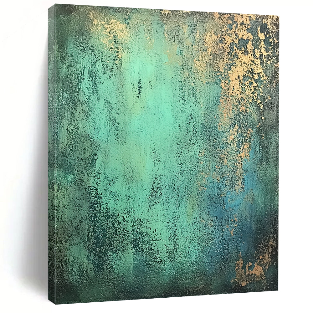 Modern Art Acrylic Teal and Gold Patina Abstract Painting HS178