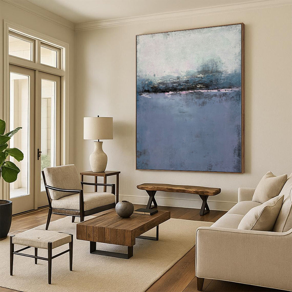 Hand-Painted Blue and Gray Abstract Misty Landscape Painting For Sale HS051