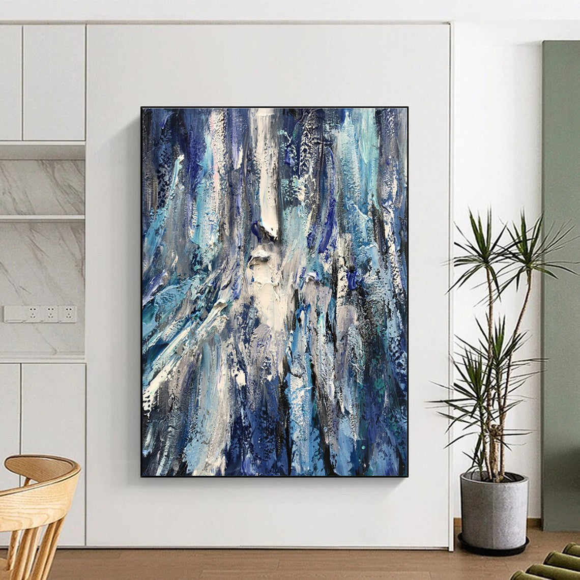 Large Contemporary Wall Art Blue and White Textured Abstract Art HS755