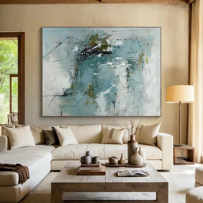 Handmade Art Teal & White Textured Abstract, Minimalist Canvas Art HS422