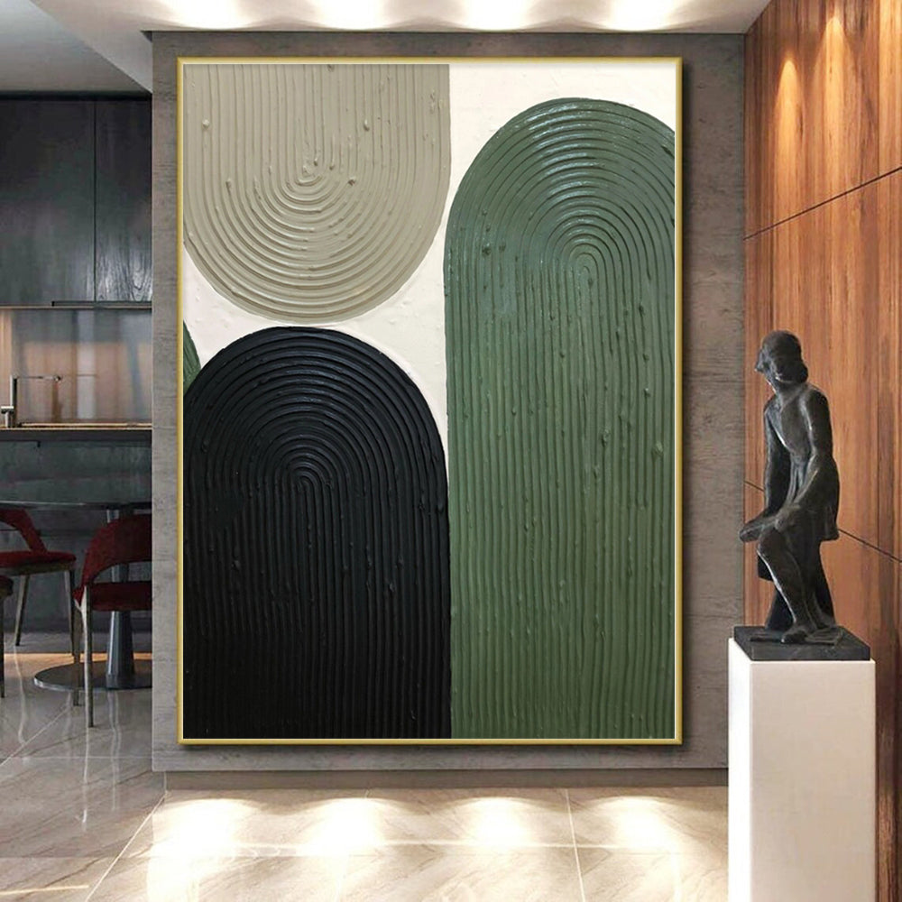 Hand-Painted Green, Black, and Beige Abstract Curved Shape Textured Painting For Sale HS030