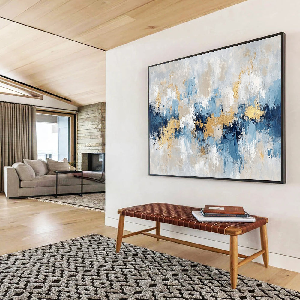 Horizontal Blue, Gray, and Gold Textured Abstract Painting WB263