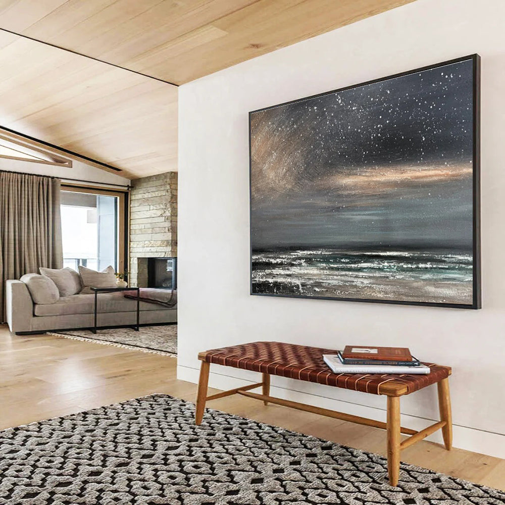 Gray, Black, White Abstract Starry Seascape Art For Sale WB409