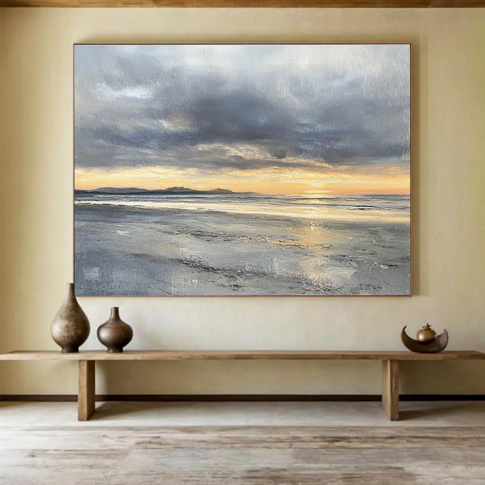 Modern Art Abstract Paintings with Gray, Orange, Yellow and Black Colors, Coastal Sunset Theme WB318