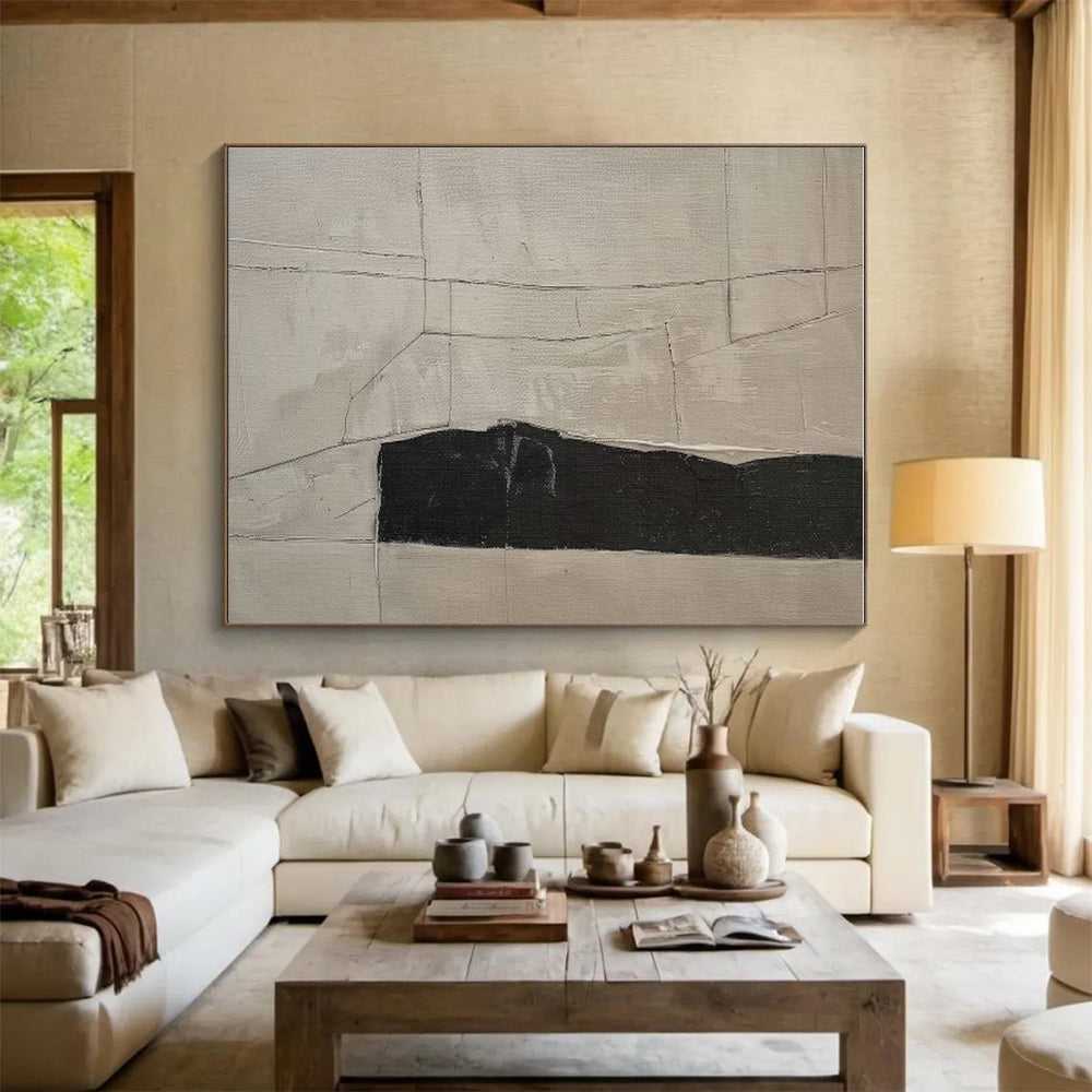 Hand-Painted Black & Beige Textured Abstract, Acrylic Modern Art Painting HS370