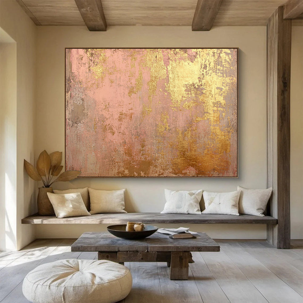 Oversized Canvas Art in Pink and Gold Textured Abstract Style WB245