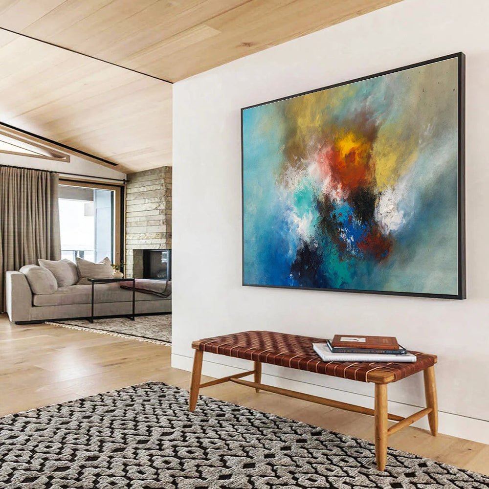 Blue, Yellow, Red, Teal Abstract Energetic Blend Painting, Abstract Acrylic Art WB002