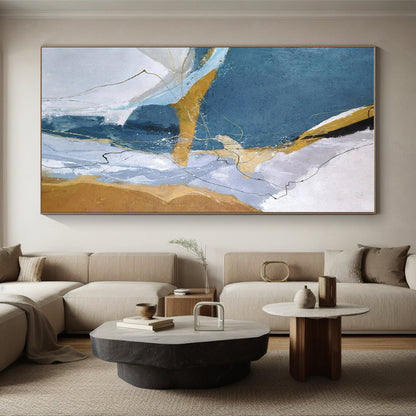 Hand Painted Art Blue, Gold, and Gray Textured Abstract Painting On Canvas HS807