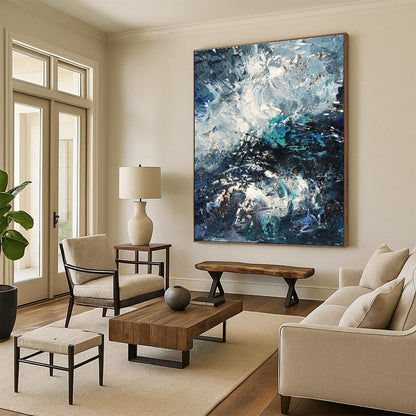 Handmade Art Blue, Teal, and White Textured Abstract Art HS756