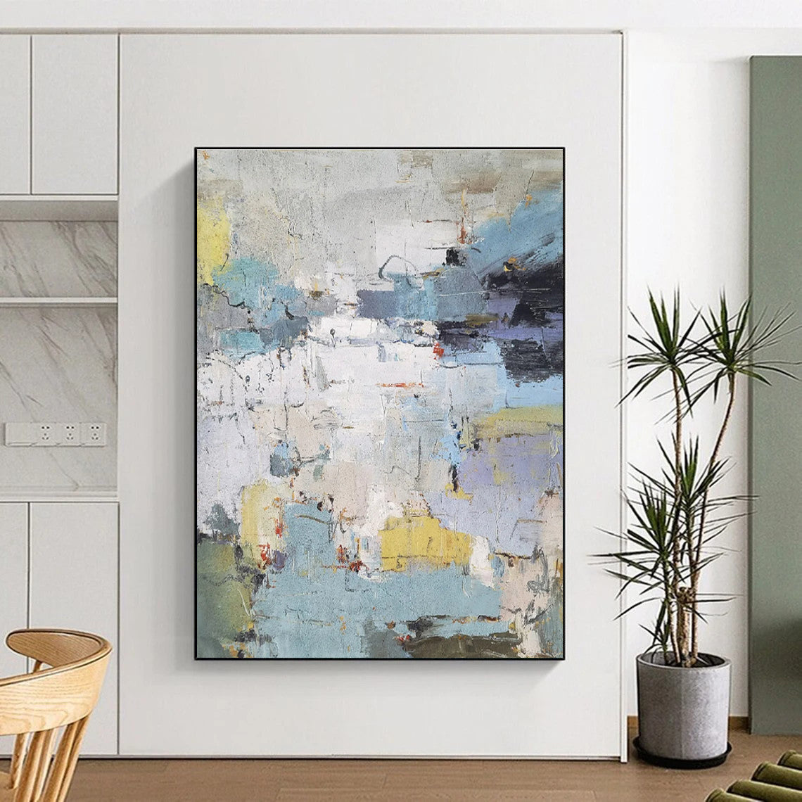 Hand-Painted Blue, Yellow & Gray Textured Abstract, Modern Art Acrylic HS256