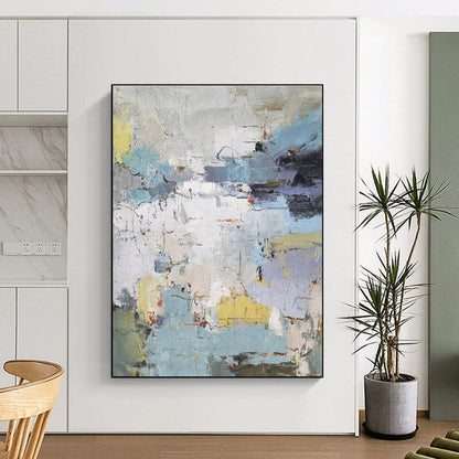 Hand-Painted Blue, Yellow & Gray Textured Abstract, Modern Art Acrylic HS256