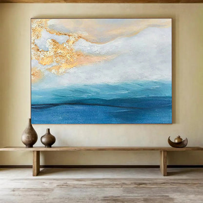 Contemporary Abstract Painting: Blue and Gold Coastal Sunset Abstract Painting WB341