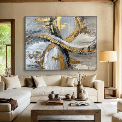 Unique Abstract Art Gold, Gray, and Black Circular Abstract Art HS734