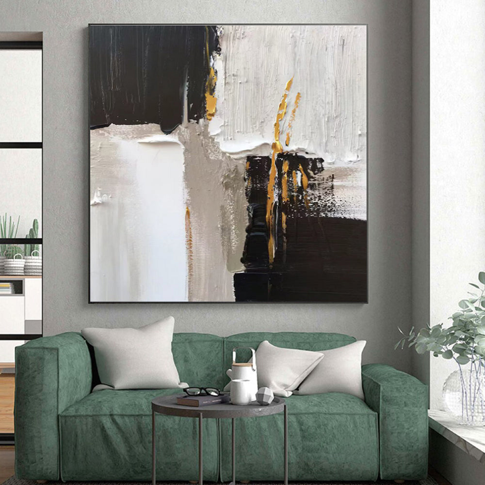 Hand Painted Art with Black, White, Gray and Gold Colors, Textured Abstract Theme HS468