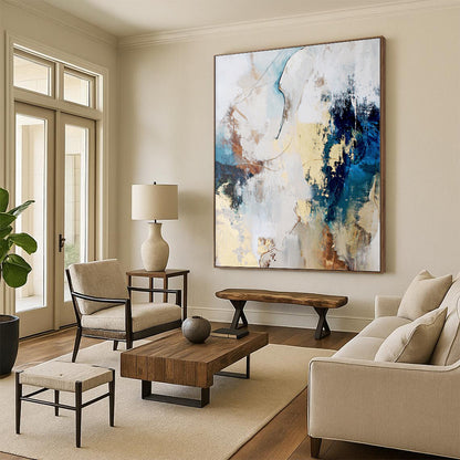 Hand-Painted Blue, Beige, and Gold Abstract Textured Painting For Sale HS011