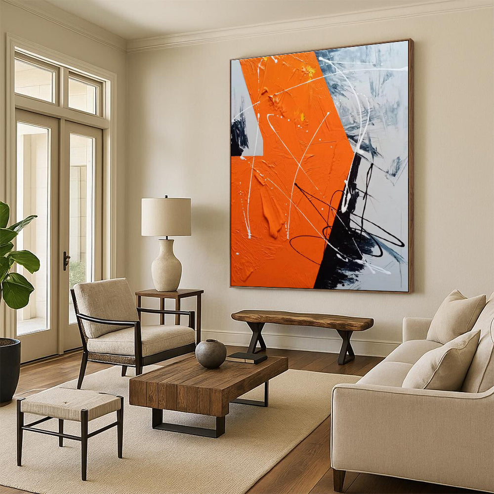 Oversized Abstract Wall Art Orange, Black & White Energetic Line Art HS409