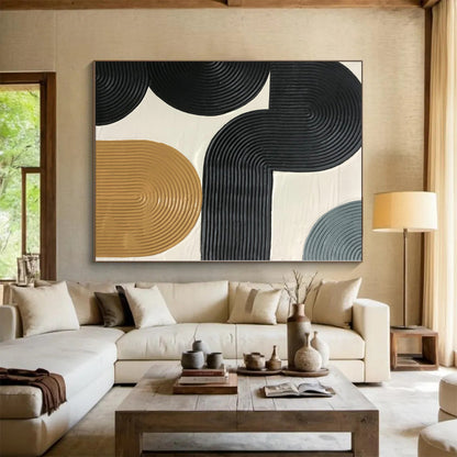 Hand-Painted Black, Beige, and Gray Abstract Curved Line Textured Painting For Sale HS038