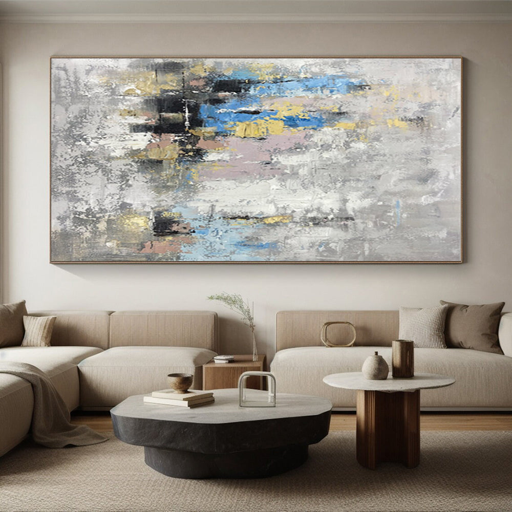 Hand Painted Art Gray, Blue & Gold Textured Abstract, Large Painting In Living Room HS244