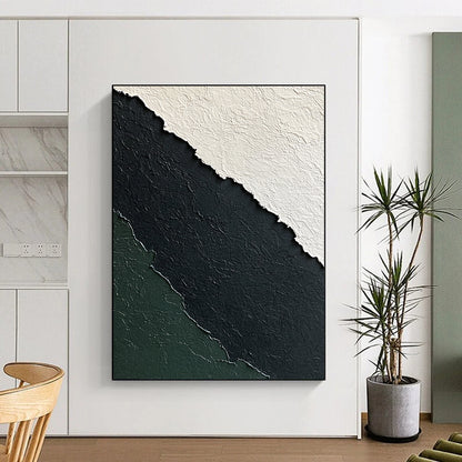 Hand-Painted Black, White, and Green Textured Layered Abstract Art HS181