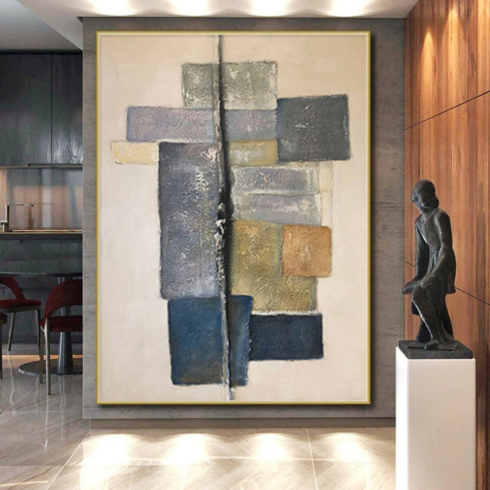 Hand-Painted Gray, Blue, and Beige Abstract Geometric Block Painting For Sale HS018