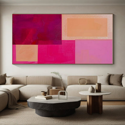 Hand Painted Art Pink, Orange, and Red Geometric Abstract Painting On Canvas HS788