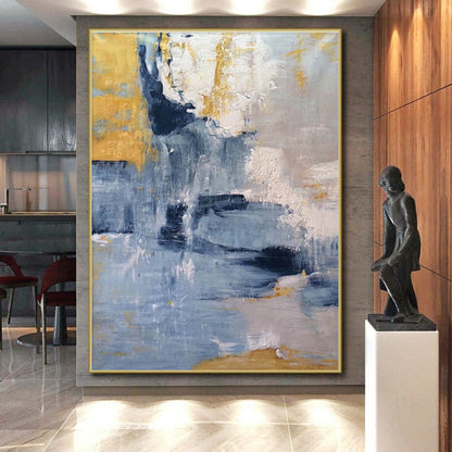 Hand Painted Art Blue, Gold & Gray Textured Abstract, Acrylic Modern Art Painting HS248