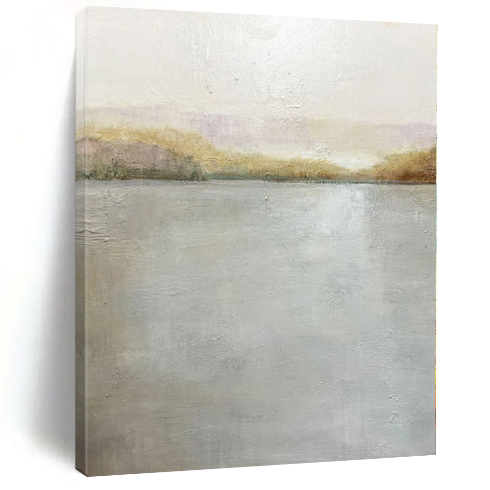Hand Painted Art Gray and Beige Abstract Lakeside Painting For Sale HS082