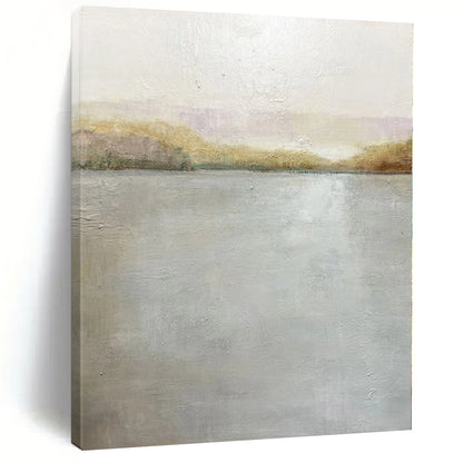 Hand Painted Art Gray and Beige Abstract Lakeside Painting For Sale HS082