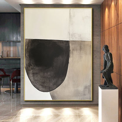 Oversized Abstract Wall Art Black, White, and Beige Abstract Organic Shape Painting For Sale HS156