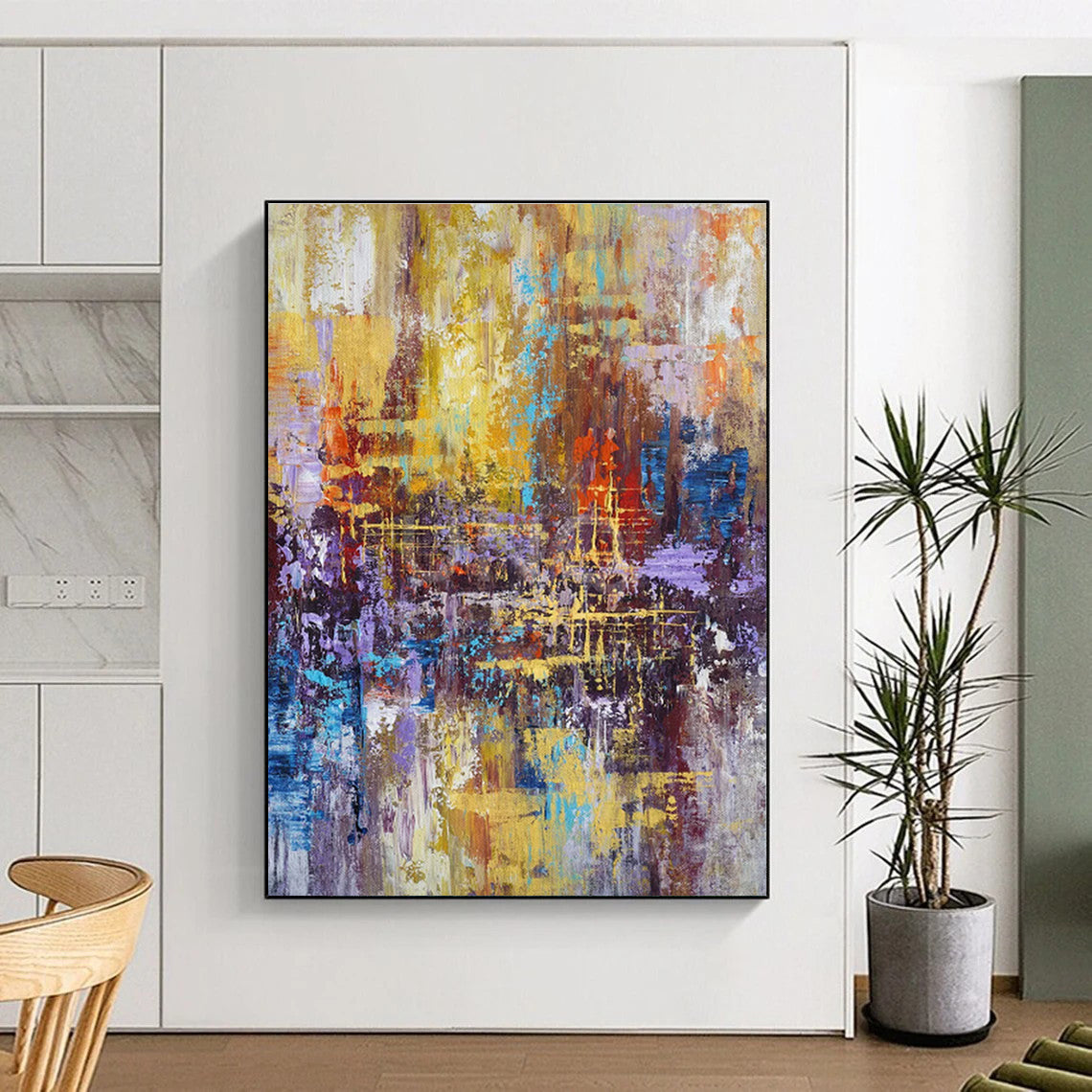 Oversized Abstract Wall Art with Yellow, Blue, Red, Purple and Brown Colors, Dynamic Abstract Theme HS485