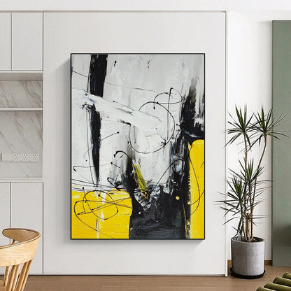 Big Painting Yellow, Black & White Abstract Dynamic Line Art HS405