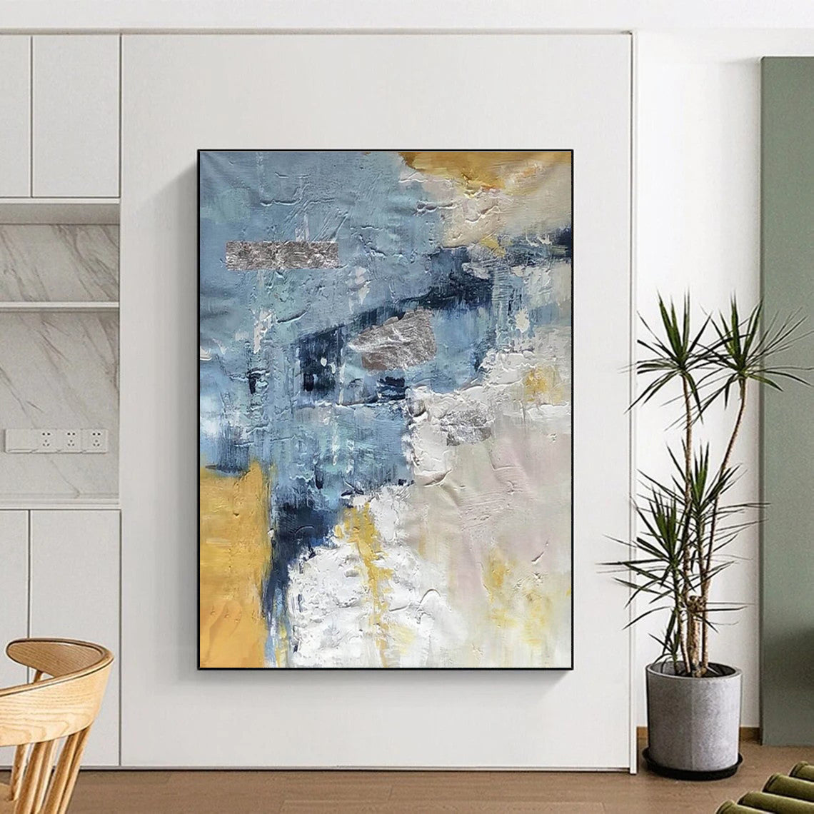 Hand-Painted Blue, Gold & Gray Textured Abstract, Modern Art Acrylic HS250