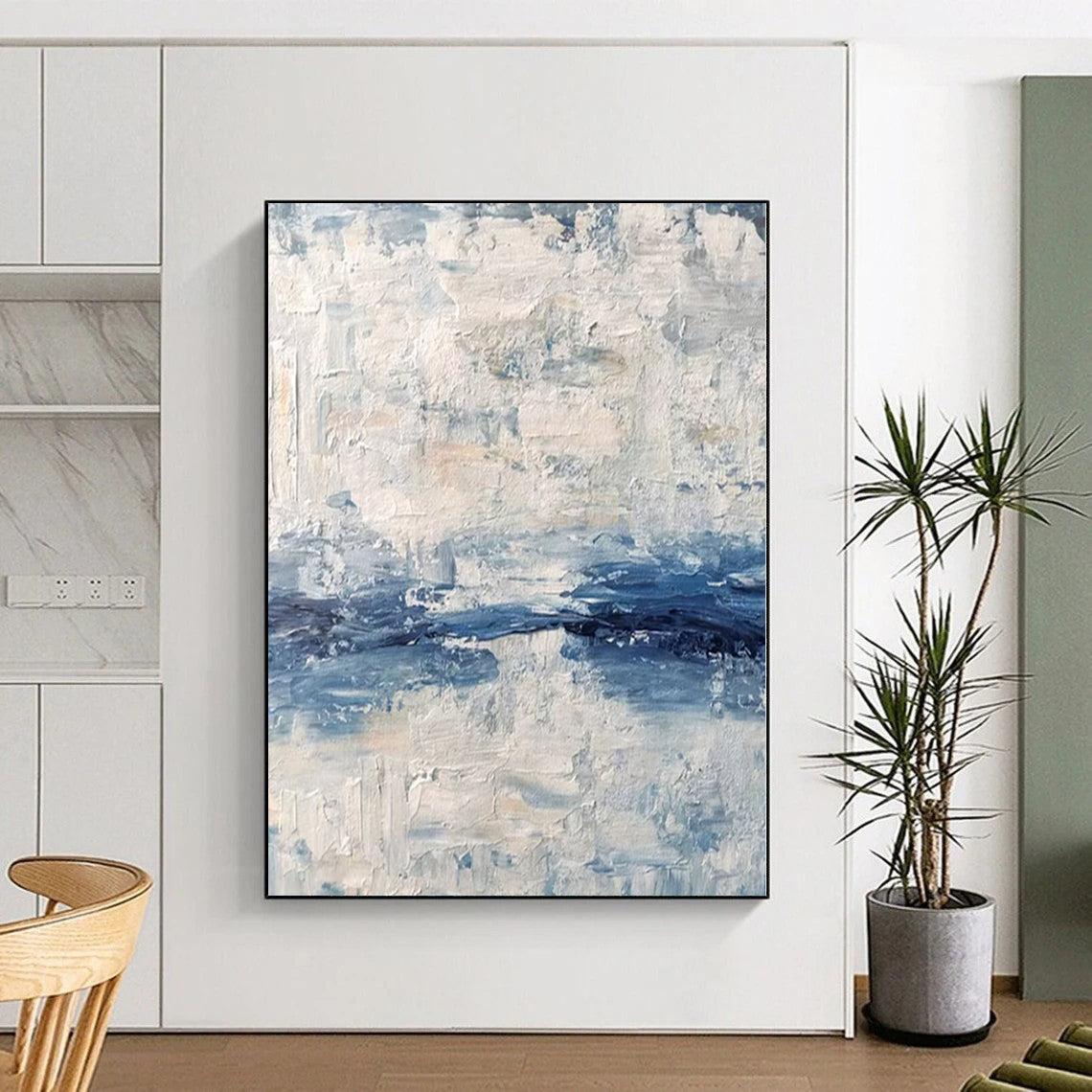 Hand Painted Art Blue and White Abstract Textured Seaside Painting For Sale HS093