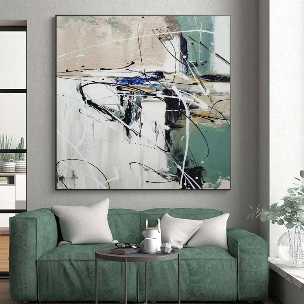Hand Painted Art Green, White, and Black Dynamic Abstract Painting On Canvas HS801