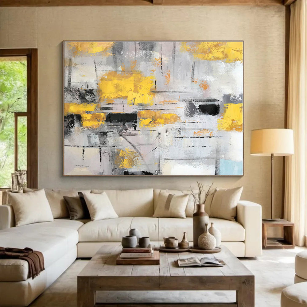 Huge Size Yellow, Gray and Black Abstract Geometric Painting WB074