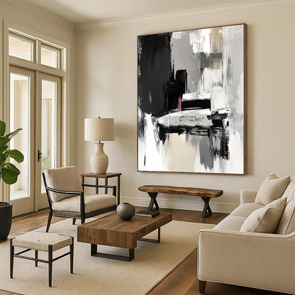 Hand-Painted Black, Gray, White, and Pink Abstract Textured Painting For Sale HS151