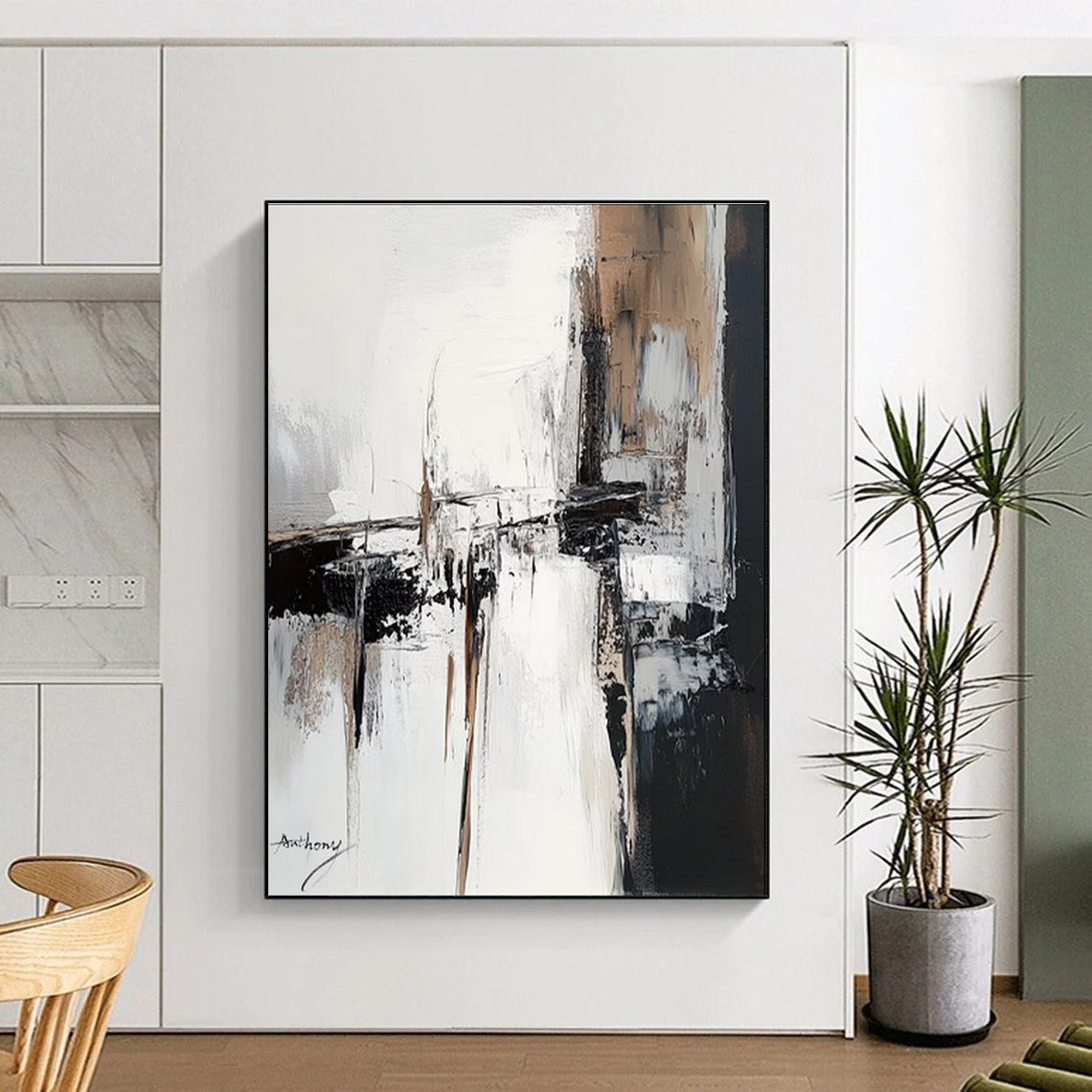 Acrylic Modern Art Paintings Beige, Black, and White Textured Abstract Painting On Canvas HS792