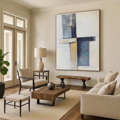 Hand Painted Art Blue, Beige, and Black Abstract Geometric Painting For Sale HS157